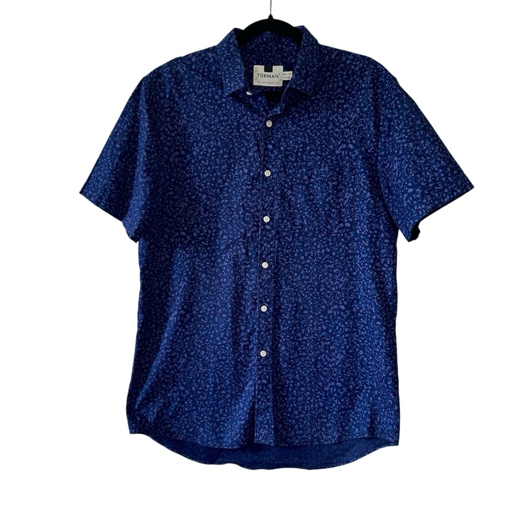 TOPMAN Men's Indigo & Blue Pollock Print Short Sleeve Button Down Shirt- Large